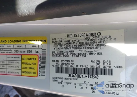 2013 Ford Fusion Se z USA, uszkodzony, nr VIN 3FA6P0H7XDR193549